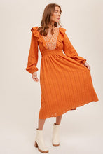Pumpkin Embroidered V-Neck Ruffled Smocked Midi Dress