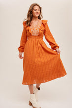 Pumpkin Embroidered V-Neck Ruffled Smocked Midi Dress