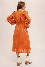 Pumpkin Embroidered V-Neck Ruffled Smocked Midi Dress