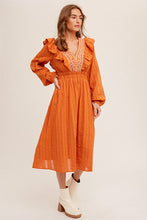 Pumpkin Embroidered V-Neck Ruffled Smocked Midi Dress