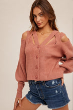 Marsala V-Neck Balloon Sleeve Criss-Cross Cutout Cardigan