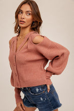 Marsala V-Neck Balloon Sleeve Criss-Cross Cutout Cardigan