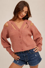 Marsala V-Neck Balloon Sleeve Criss-Cross Cutout Cardigan