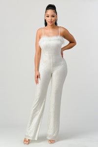 Ivory Lux Faux Fur Edge Sequins Bodycon Jumpsuit