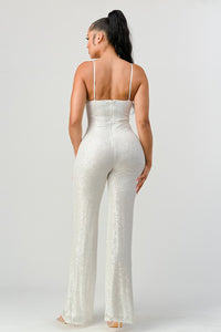 Ivory Lux Faux Fur Edge Sequins Bodycon Jumpsuit