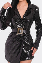 Black Pearl Belted Sequin Blazer Mini Dress
