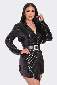 Black Pearl Belted Sequin Blazer Mini Dress