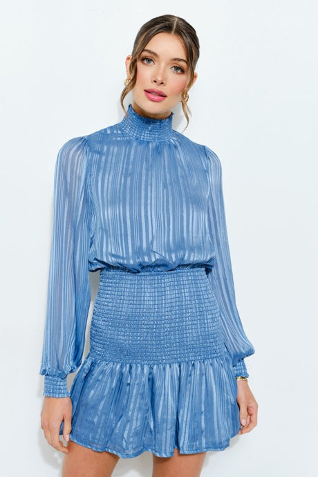 Slate Blue Long Puff Sleeve Lurex Stripe Smocked Mini Dress