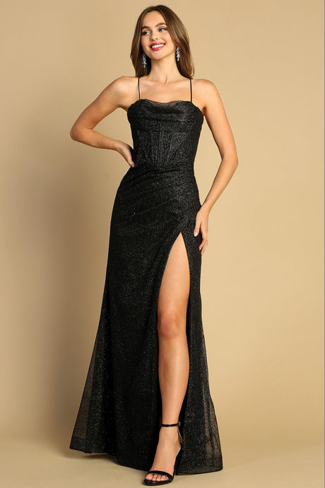 Black Cowl Neck High Slit Metallic Glitter Sheath Dress