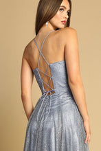 Smoky Blue Cowl Neck Bustier Metallic Glitter A Line Dress