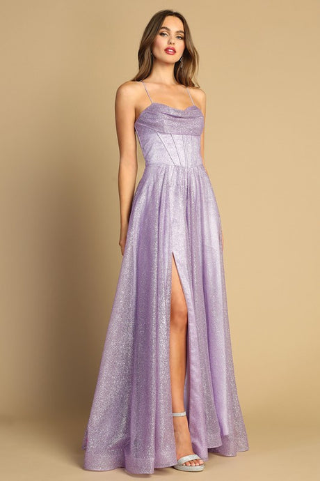Lavender Cowl Neck Bustier Metallic Glitter A Line Dress