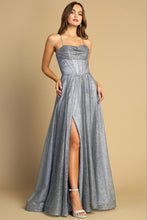 Smoky Blue Cowl Neck Bustier Metallic Glitter A Line Dress