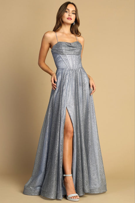 Smoky Blue Cowl Neck Bustier Metallic Glitter A Line Dress