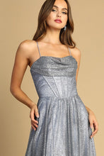 Smoky Blue Cowl Neck Bustier Metallic Glitter A Line Dress