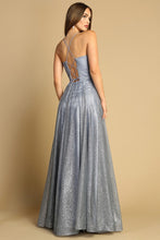 Smoky Blue Cowl Neck Bustier Metallic Glitter A Line Dress