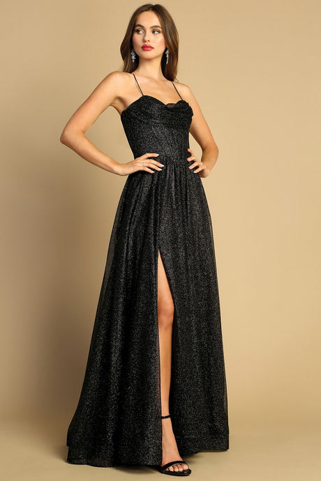 Black Cowl Neck Bustier Metallic Glitter A Line Dress