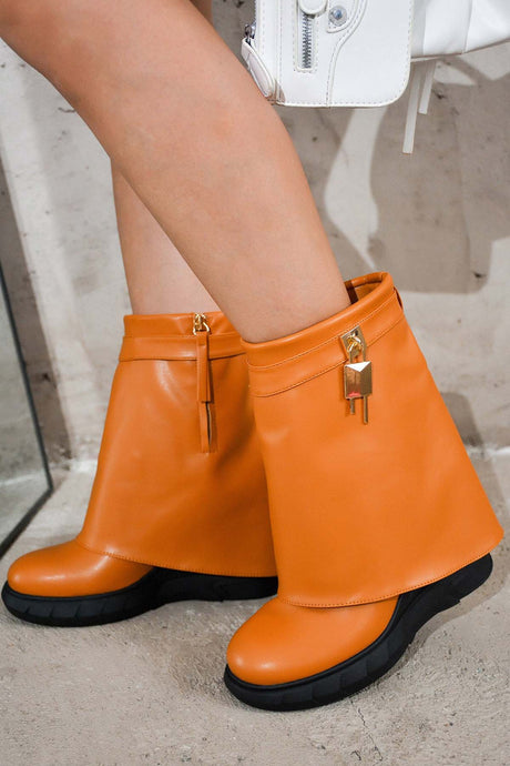 Tan Womens Fold Down Wedge Heel Ankle Booties