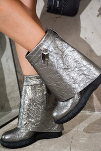 Silver Womens Fold Down Wedge Heel Ankle Booties