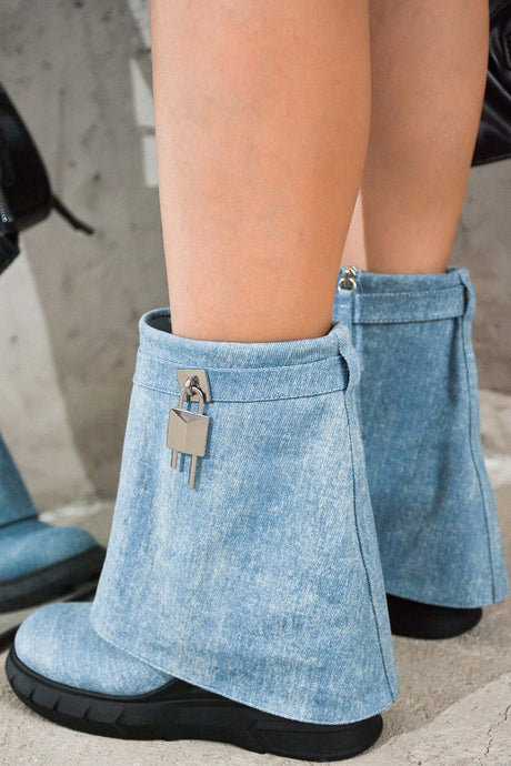 Denim Womens Fold Down Wedge Heel Ankle Booties