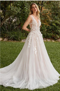 Off White Nude A-Line Wedding Gown With Removable Sleeves