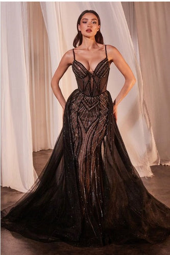 Black Nude Beaded Fitted Gown With Overskirt