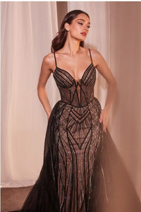 Black Nude Beaded Fitted Gown With Overskirt