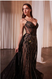 Black Nude Beaded Fitted Gown With Overskirt