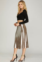 Silver Metallic Knit Midi Skirt With Side Slit