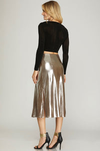 Silver Metallic Knit Midi Skirt With Side Slit