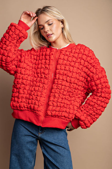 Tomato Red Puff Grid Textured Zip Front Jacket