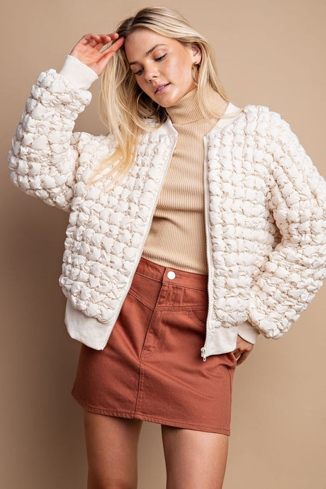 Ecru Puff Grid Textured Zip Front Jacket