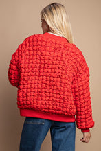 Tomato Red Puff Grid Textured Zip Front Jacket