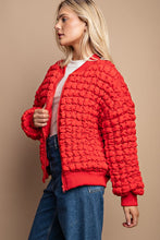 Tomato Red Puff Grid Textured Zip Front Jacket
