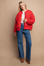 Tomato Red Puff Grid Textured Zip Front Jacket
