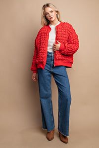 Tomato Red Puff Grid Textured Zip Front Jacket