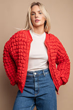 Tomato Red Puff Grid Textured Zip Front Jacket