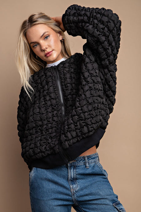 Black Puff Grid Textured Zip Front Jacket