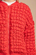 Tomato Red Puff Grid Textured Zip Front Jacket