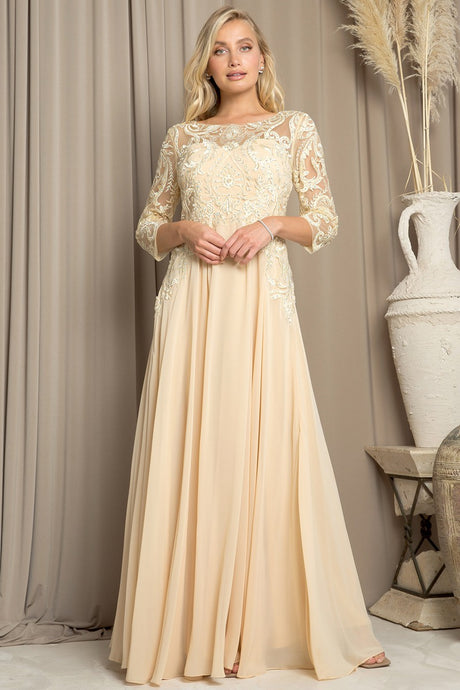 Champagne Three Quarter Sleeve Lace Top A Line Mob Gown