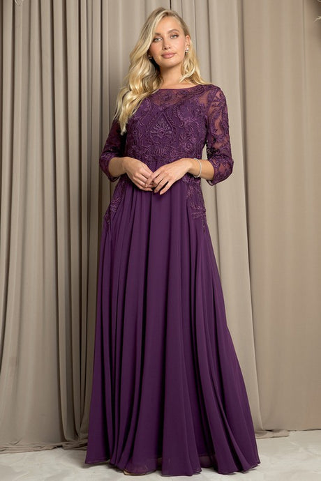 Plum Three Quarter Sleeve Lace Top A Line Mob Gown