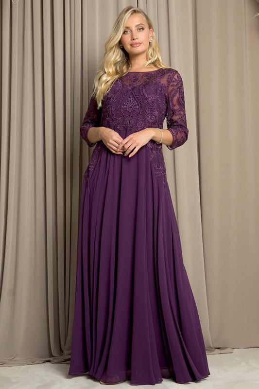 Plum Three Quarter Sleeve Lace Top A Line Mob Gown Aquarius Brand Plum Three Quarter Sleeve Lace Top A Line Mob Gown Aquarius Brand