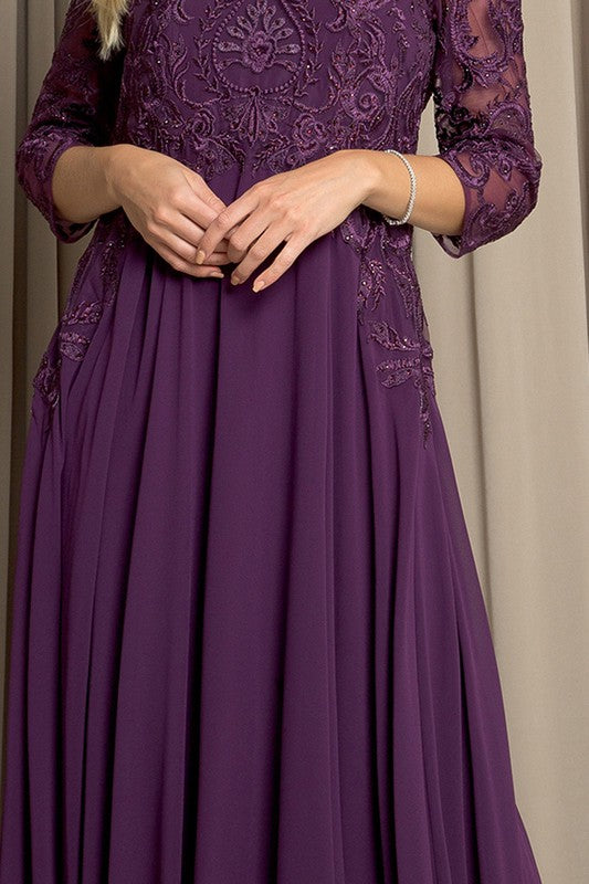 Plum Three Quarter Sleeve Lace Top A Line Mob Gown – Aquarius Brand Plum Three Quarter Sleeve Lace Top A Line Mob Gown – Aquarius Brand