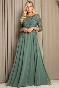 Eucalyptus Three Quarter Sleeve Lace Top A Line Mob Gown