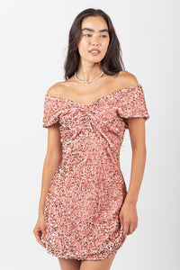 Rose Gold Off Shoulder Fitted Sequin Bodycon Mini Dress Aquarius Brand Rose Gold Off Shoulder Fitted Sequin Bodycon Mini Dress Aquarius Brand