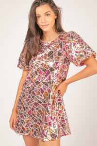 Silver Puff Sleeve Multi-color Sequin Holiday Mini Dress