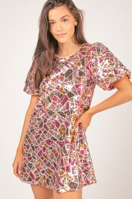 Silver Puff Sleeve Multi-color Sequin Holiday Mini Dress