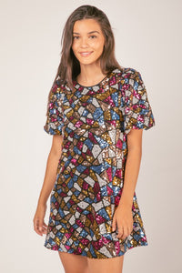 Black Puff Sleeve Multi-color Sequin Holiday Mini Dress