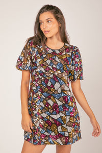 Black Puff Sleeve Multi-color Sequin Holiday Mini Dress