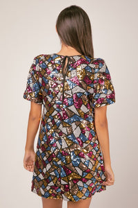Black Puff Sleeve Multi-color Sequin Holiday Mini Dress