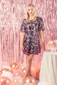 Black Puff Sleeve Multi-color Sequin Holiday Mini Dress